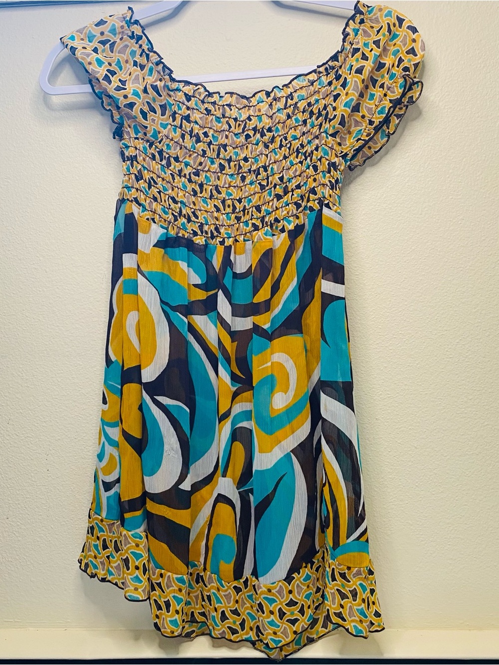 Estam Women's Smocked Off-Shoulder Blouse in Teal & Mustard